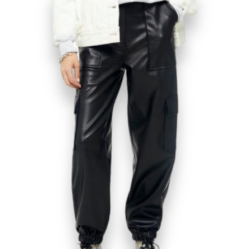 TOPSHOP Black Faux Leather Cargo Joggers | EUC Size 14
